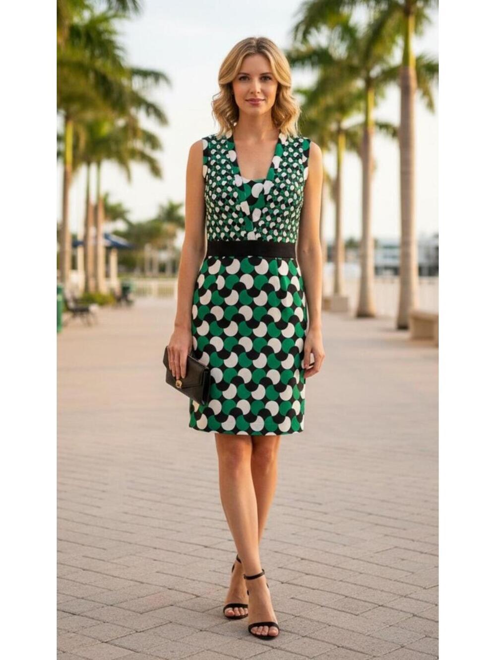 Milly of NY Faux Wrap Geometric Sheath NWT Size 4 Jade Black Ecru